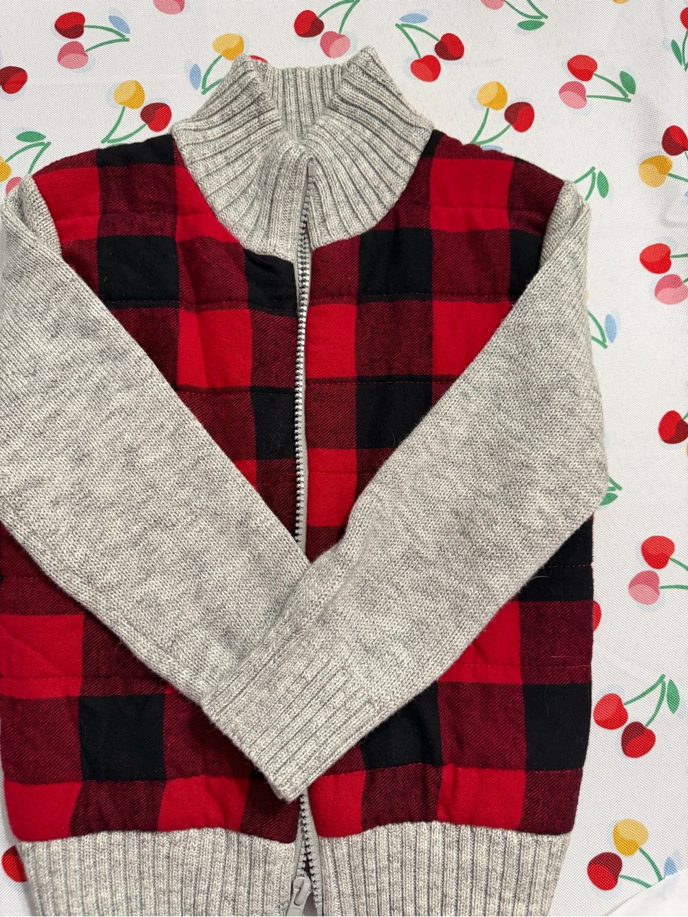 Red & Black Buffalo Plaid Zip Cardigan with Gray Knit Sleeves